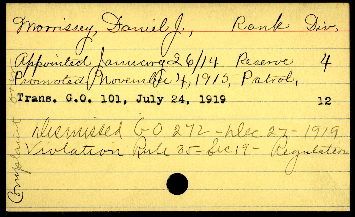 BPD Duty Card, 1919