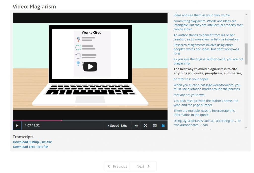 Screenshot of Credo Instruct Plagiarism Video with Transcript 