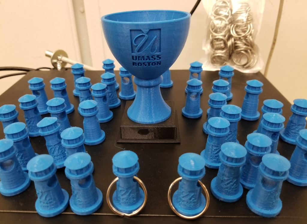 Printed lighthouse keychains and a big trophy