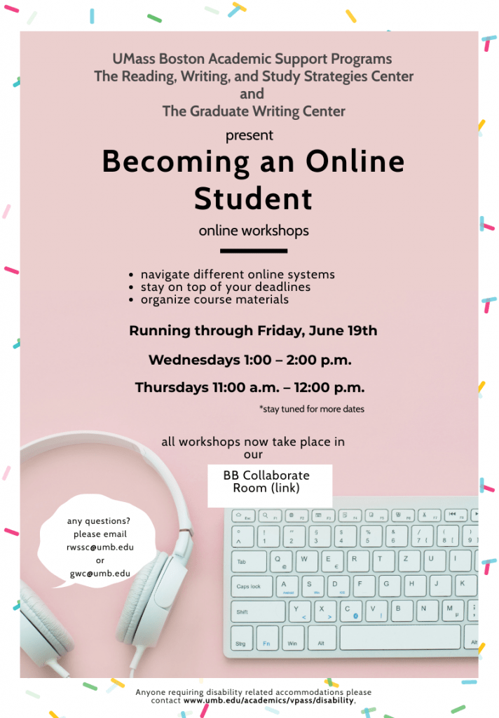 Flyer for Becoming an Online Student workshop Wed 1-2 Thur 11-12