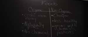 Under "foods" written on the chalkboard are two lists: Organic and Non-Organic. The organic section has bullet points that say: 1. cost more money 2. Naturally grows 3. No chemical. The Non-Organic list has bullet points that say: 1. Cheaper, 2. less healthy and 3. grows with chemicals , pesticides 