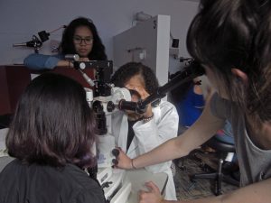 Two female Urban Scholars look through the slit lamp, while Darny the TA stand on the side observing optometry student explain the slit lamp exam.