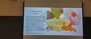 Students get a sense of where calcium and dairy comes from on the left slide of slideshow in words. On the right, students get a visual of cheese, broccoli, nuts and milk.