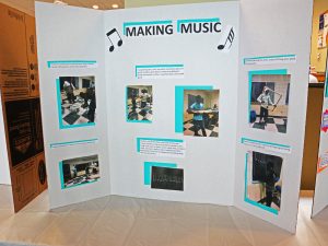 Photos of students creating and playing drums on poster board poster that says "Making Music" 