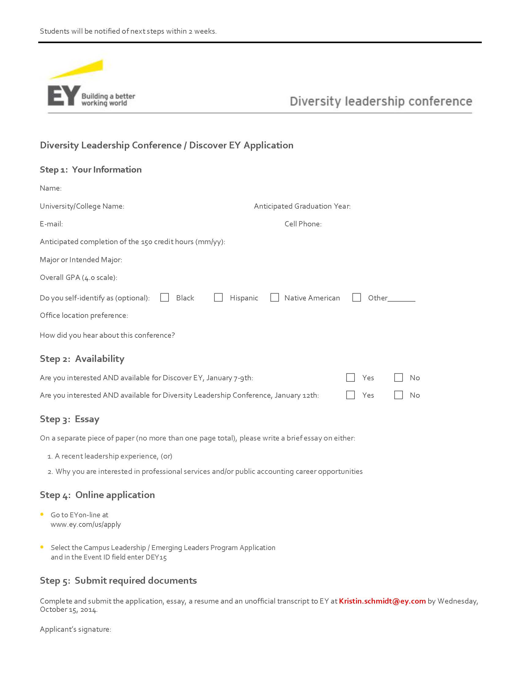 Ernst & Young’s Diversity Leadership Conference Application Deadline